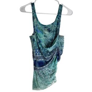 Fuzzi Italy Blue Green Geometric Mesh Draped Knotted Tank Top Small Sleeveless